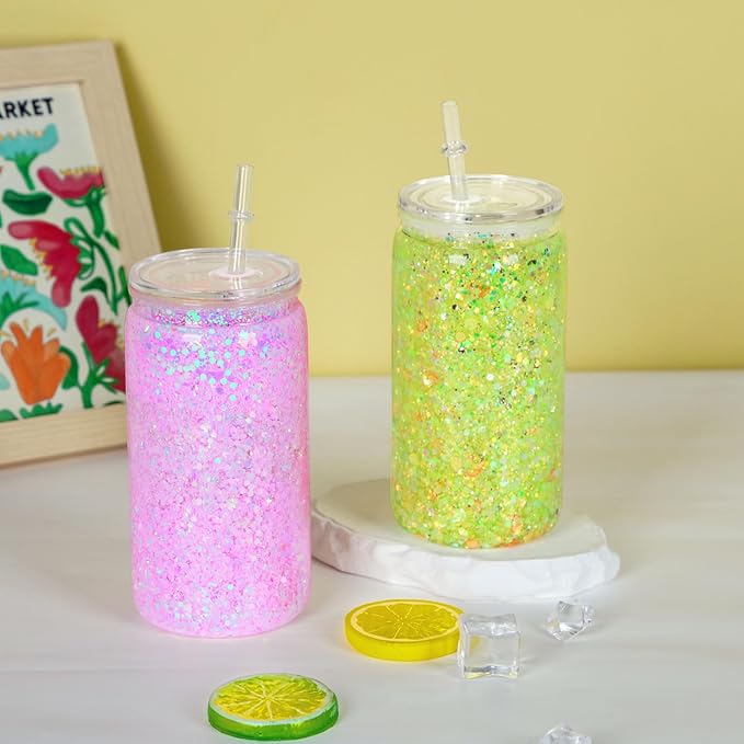 16 oz Plastic Snow Globe Tumbler, 4 Pack Double Wall Snowglobe Tumbler with Pre Drilled Hole, Plastic Mason Jar Cups Can for Snow Globe Glitter DIY ( Clear )