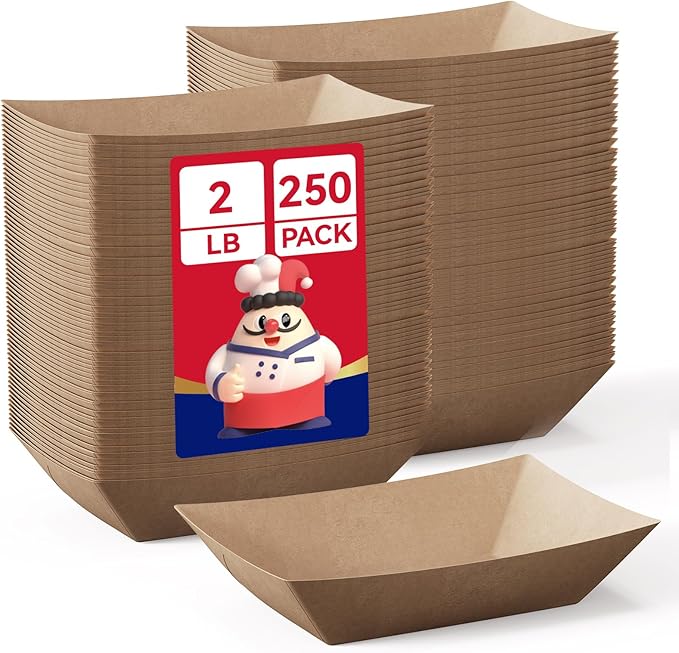 JOLLY CHEF 2lb Paper Food Trays, 250 Pack Disposable Paper Boat, Serving Boats for Gameday, Food Holder Trays for Snacks French Fries Nachos Hot Dog Tacos BBQ Party
