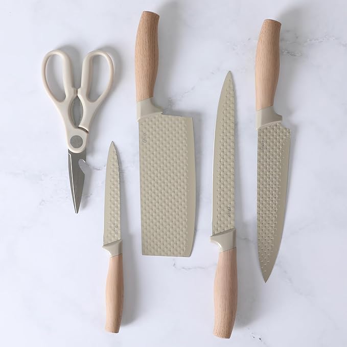 Oster Gunderson 6-Piece Kitchen Knife Block Set, Stainless Steel Kitchen Knife Set With Sharp Blades and Wooden Block