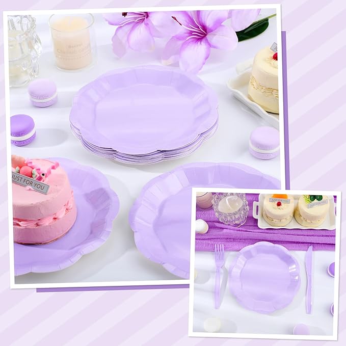 30 Pcs Light Purple Paper Plates, 7 Inch Scalloped Lavender Plates Cute Easter Plate Disposable Party Plate for Wedding, Birthday, Baby Shower