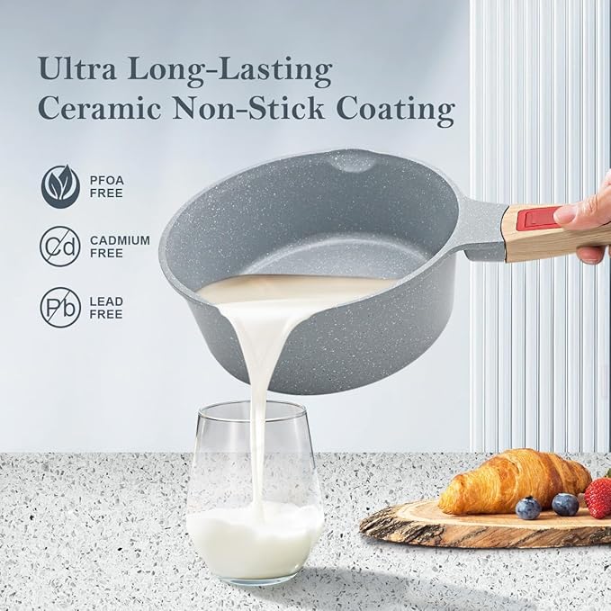 1.5 Quart Ceramic Nonstick Saucepan with Lid, Small Sauce Pot with Pour Spouts for Multipurpose Use, milk Pan with Detachable Handle, Oven Safe, Blue