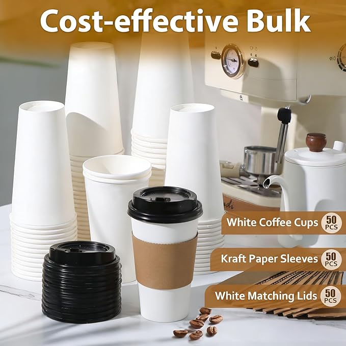 50 Pack 20 oz Disposable Coffee Cups with Lids and Insulated Sleeves, Leak-free Paper and Sturdy Thick Paper Hot to Go Coffee Cups with Lids for Cold/Hot Beverage (White)