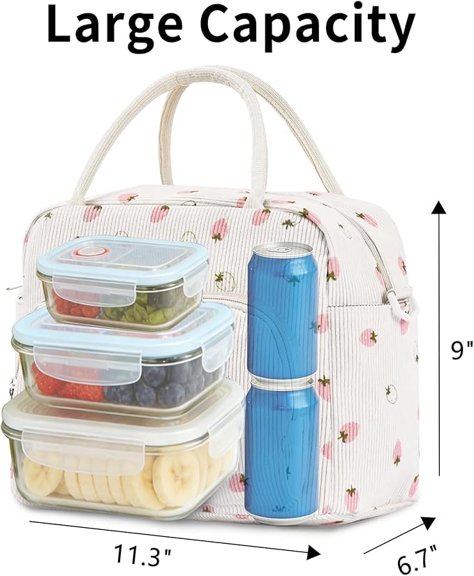 Lunch Box for Women Insulated Lunch Bag Women Adult Cute Lunch Bags Reusable Lunchbox Cooler Tote Bag for Work Picnic (Beige-Light Strawberry)