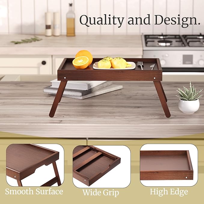 3 Pack Bamboo Bed Tray Table with Folding Legs,Breakfast Trays,Serving Tray,Laptop Tray for Working,Food Snack Tray for Bed and Sofa(Brown)