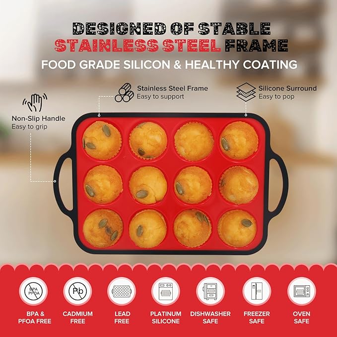 Silicone Muffin Pan, Metal Reinforced Frame Regular Size 2.8 Inch Cupcake Pan with Handle 12 Cups Nonstick Muffin Tray for Baking