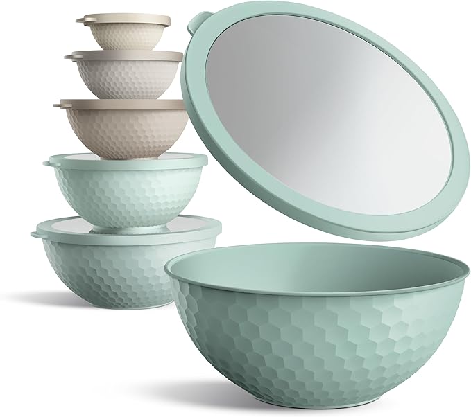 COOK WITH COLOR Mixing Bowls with Lids - 12 Piece Plastic Nesting Bowls Set includes 6 Prep Bowls and 6 Lids, Microwave Safe Mixing Bowl Set, Mint Embossed
