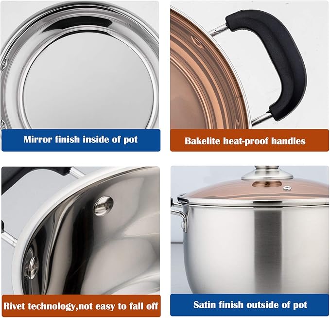 P&P CHEF 3 Qt Stockpot with Lid, Stainless Steel Cooking Stock Pot for Soup, Heat-Proof Double Handles with Visible Lid, Dishwasher Safe & Healthy, 1-Ply Metal