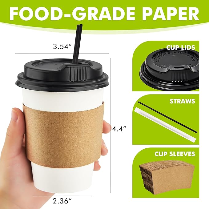 12 oz 50 Pack Disposable Paper Coffee Cups with Lids, Sleeves and Straws, Disposable Hot Cups for Coffee, Tea, Cocoa, Water