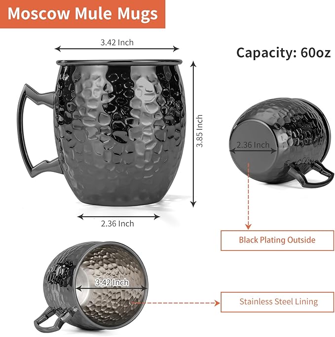 Moscow Mule Mugs, 16 OZ Black Hammered Mule Cup with 304 Stainless Steel Lining and Brass Handle, for Cold Drinks, Beer, Wine, Bars, Parties