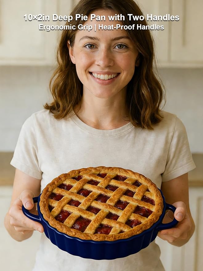 10×2in Deep Ceramic Pie Pan with Handles for Pie Quiche Tart Baking. Easy to grip, Lead-Free. Casserole Lasagna Dish for Thanksgiving Christmas Gift. Oven Microwave Dishwasher Safe. Blue