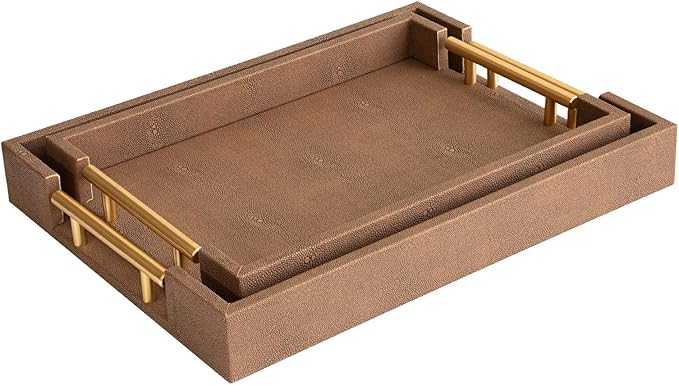 Set of 2 Decorative Tray Brown Shagreen Leather Tray, Modern Rectangle Serving Trays with Gold Polished Metal Handles, Ottoman Coffee Table Perfume Kitchen Trays Home Decor