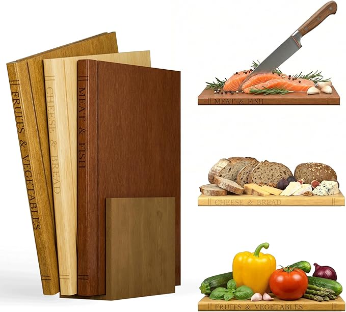 Book Cutting Board Set with Wooden Stand-Wooden Kitchen Cutting Boards That Look Like Books for Vegetables Cheese Meat, Chopping Board Gift Set for Home Cooks & Kitchen Decor