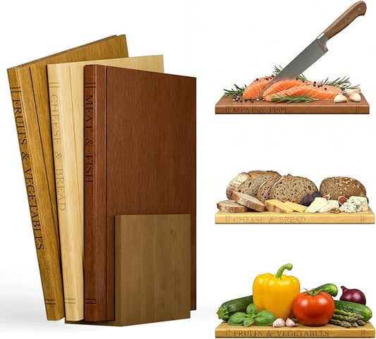 Book Cutting Board Set with Wooden Stand-Wooden Kitchen Cutting Boards That Look Like Books for Vegetables Cheese Meat, Chopping Board Gift Set for Home Cooks & Kitchen Decor