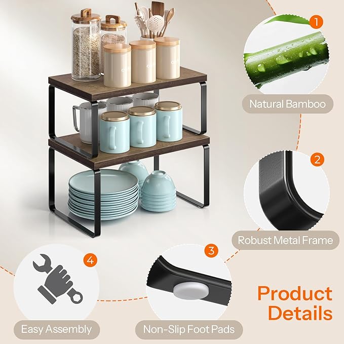 HOOBRO Cabinet Organizer Shelf, Set of 4 Kitchen Counter Shelves, Expandable Kitchen Storage, Stackable Bamboo Spice Rack, for Kitchen, Countertop, Office Desk, Bathroom, Mocha and Black CB30TLP201