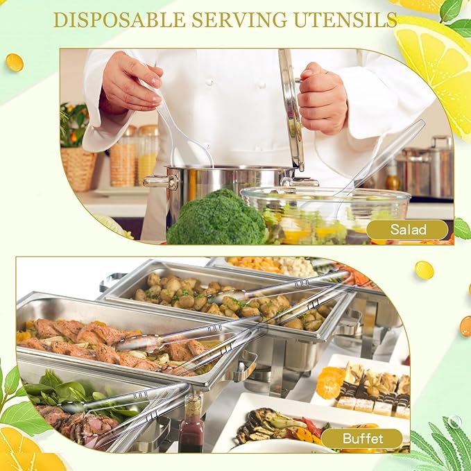 Mwellewm 18Pcs Serving Utensils, 10'' Plastic Serving Utensils Set, Large Disposable Serving Spoons for Buffet, Tongs for Serving Food, Party Supplies for Salad Soup Noodles Dinner Catering(Clear)