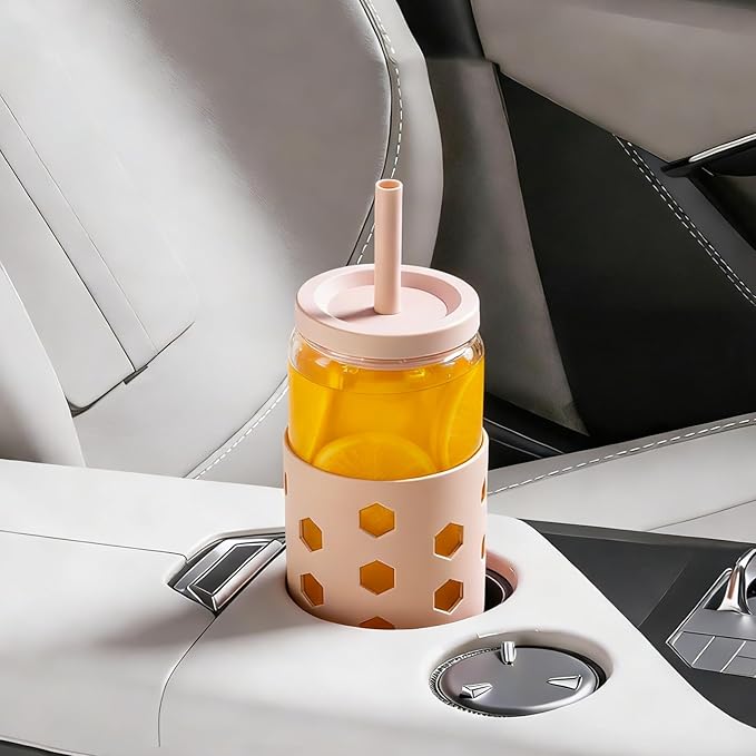 Glass Cups with Lids and Straws (4 Pack), 16oz Drinking Glasses Set with Silicone Sleeves for Coffee Bar Accessories Iced Coffee Cups with Lids, Glass Tumbler Reusable for Gifts