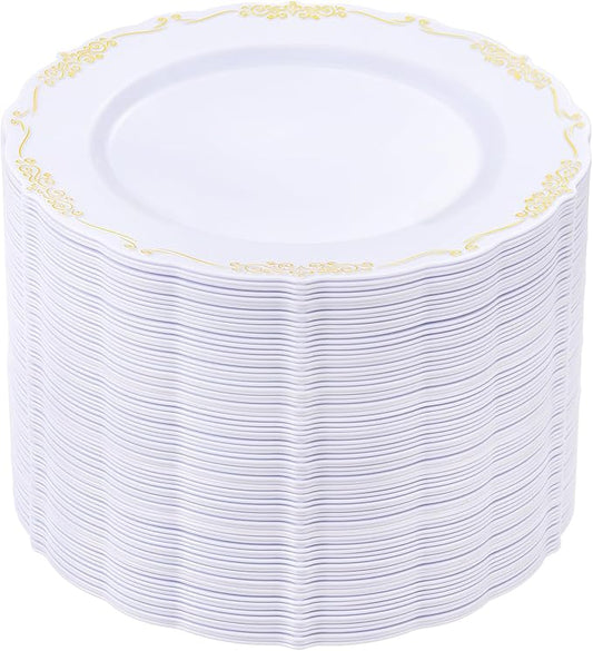 DaYammi 60PCS White and Gold Plastic Plates, Disposable Heavy Duty Plates Premium 7.5inch White Dessert Cake Salad Appetizer Plates Hard Plastic Platos Disposable for Party Wedding