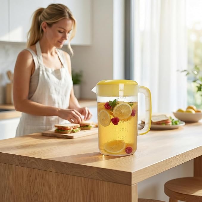 Jucoan 2 Pack 1 Gallon Plastic Water Pitcher with Lid, Large Gallon Water Jug, Juice and Iced Tea Beverage Carafe with Filter Lid, Handle, Scale for Fridge, Party