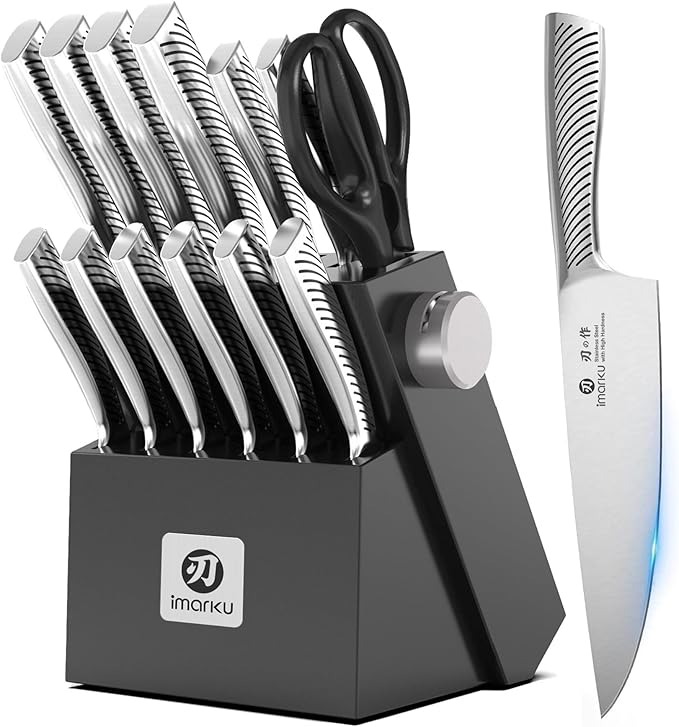 imarku Knife Block Set, 14Pcs High Carbon Stainless Steel Knife Set with Block, Kitchen Knife Set Black, Dishwasher Safe, Build-in Sharpener