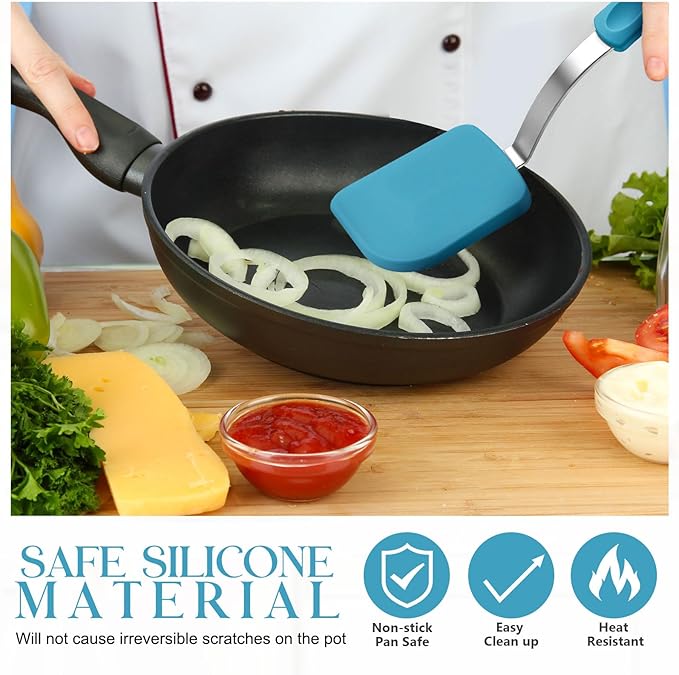 Silicone Cookie Spatula Turner 2 Pack Mini Brownie Spatula Flexible Kitchen Small Silicone Turner for Nonstick Cookware Heat Resistant No Scratch Flipper for Egg Pancake(Light Blue)