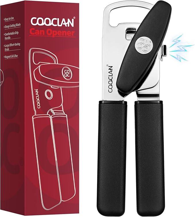 Can Opener Manual with Magnet, Heavy Duty Hand Held Can Opener with Sharp Stainless Steel Blade Easy to Use, Effortless Turn Knob, Soft Comfortable Handle, Built-In Bottle Openers, Black
