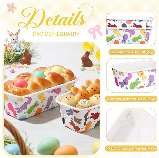 LemonRoad 100 Pcs Easter Mini Loaf Pans with Lids 6.3 x 2.2 x 2.2 Inch Rabbit Disposable Paper Baking Pans Bulk, Easter Baby Shower Baking Party Supplies for Cake Bread Oven Bakery