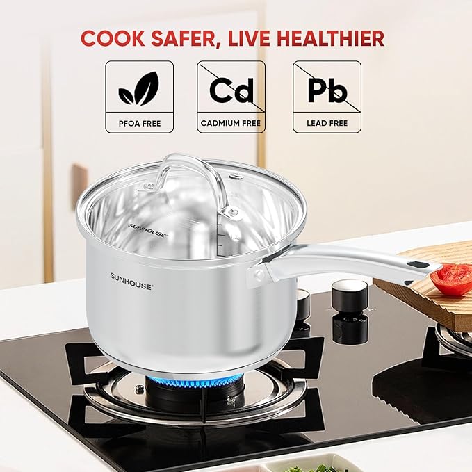 SUNHOUSE – 3 Quarts Stainless Steel Sauce Pan with Lid - PFOA-FREE, Stainless Steel Sauce Pan, Advanced Impact Bonding Induction Base, Stay-Cool Handle, Compatible with All Cooktops
