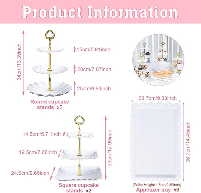 Frigg Dessert Table Display Set,10Pcs Cake Stand,4 Pcs 3 tiered Cupcake Stands and 6 Pcs Dessert Trays serving trays for Party Baby Shower Wedding Tea Party Decorations