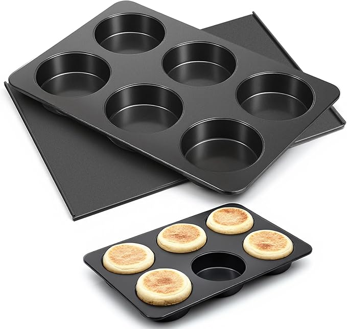 6 Cup Straight Side Jumbo English Muffin Cupcake Pan with Lid, Nonstick Hamburger Bun Pan, Nonstick Baking Tin Tray Mold for Baking Burger Buns Roll Focaccia Quiche Pancake