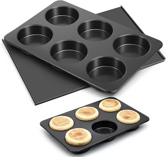 6 Cup Straight Side Jumbo English Muffin Cupcake Pan with Lid, Nonstick Hamburger Bun Pan, Nonstick Baking Tin Tray Mold for Baking Burger Buns Roll Focaccia Quiche Pancake