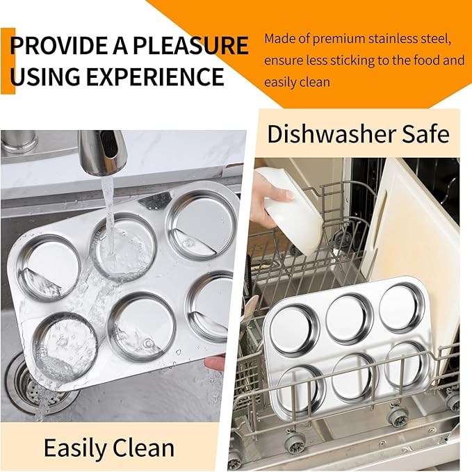 P&P CHEF Muffin Top Pan Set of 2, Stainless Steel 6-Cavity Shallow Cupcake Pans, Standard Bakeware for Eggs, Whoopie Pies, Cornbread, Cookies, Yorkshire Pudding, Easy Clean & Oven Safe, Silver