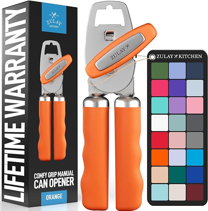 Zulay Kitchen Heavy Duty Stainless Steel Can Opener Manual with Bottle Opener - Rust Proof Manual Can Opener With Turn Knob & Comfy Soft Grip Handles - Orange