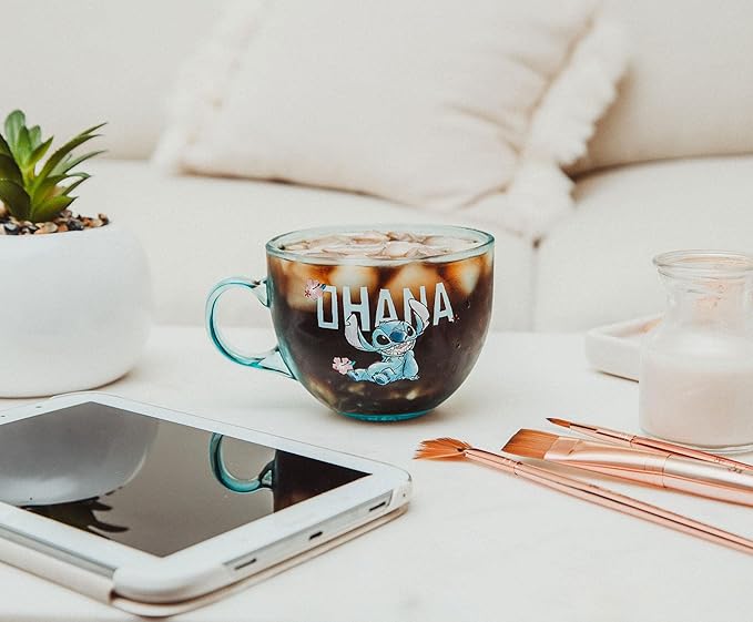 Disney Lilo & Stitch Ohana Glass Coffee Mug | Tropical Large Coffee Cup For Espresso, Caffeine, Beverages, Home & Kitchen Essentials | Cute Gifts and Collectibles | Holds 16 Ounces