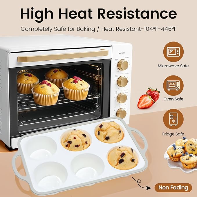Silicone Jumbo Muffin Pan with Metal Frame, Non Stick Food Grade Silicone Large Muffin Pan, with Handles 6 Cup,BPA-Free and Dishwasher Safe, Jumbo Cupcake Pans - 2 Piece Gray