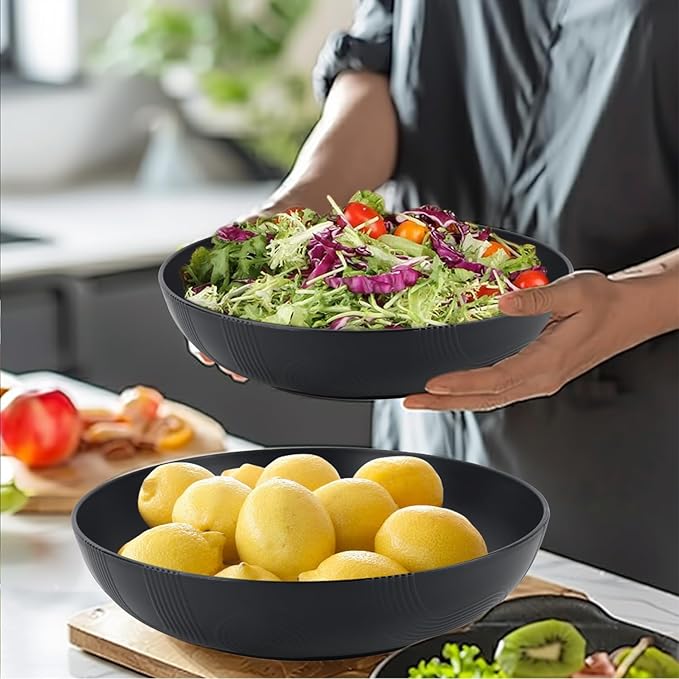 Wrova Large salad bowls,65oz Salad bowls set of 2,Unbreakable Plastic bowls Microwave & Dishwasher Safe Bowls,Wheat Straw Serving Bowls for Salad, Cereal, Fruit, Dishwasher Safe.Black