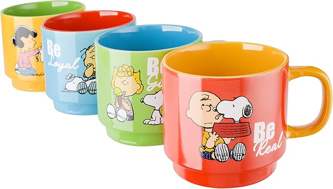 Peanuts Snoopy Gentle Reminders 15oz Stackable Mugs w/Metal Rack, Stoneware, 4-Pack, Assorted Colors