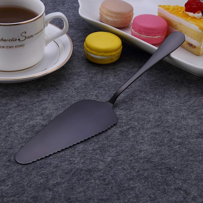 6-Piece Black Serving Flatware Silverware Set,Stainless Steel Serving Utensil Set,Include Cake Server, Slotted Serving Spoon, Serving Spoon, Cold Meat Fork, Butter Knife, Soup Ladle