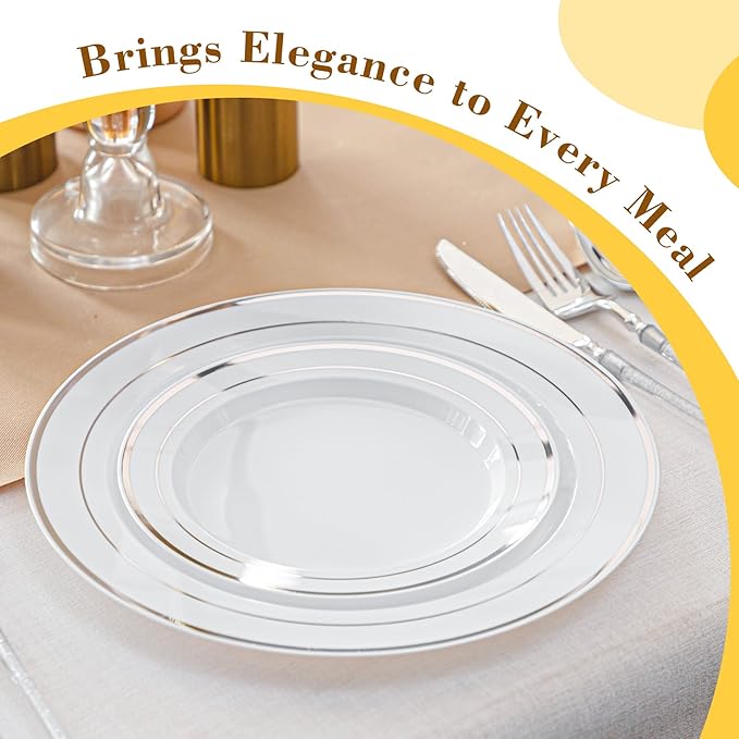 200PCS Sliver and White Plastic Plates, Disposable Party Plates with Silver Rim, Include 100 Dinner Plate and 100 Elegant Dessert Plate for Party and Wedding