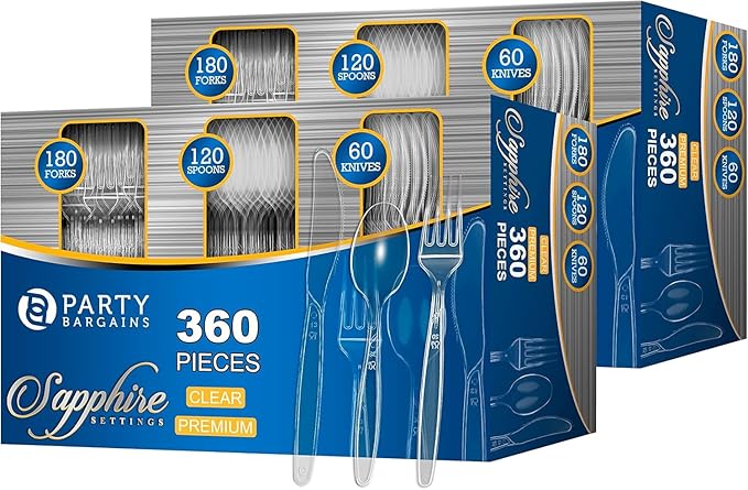 PARTY BARGAINS Disposable Cutlery Set 720-Piece – Sapphire Settings Clear Plastic Forks Spoons Knives – Heavy-Duty Utensils for Parties Catering Weddings & Events – BPA Free