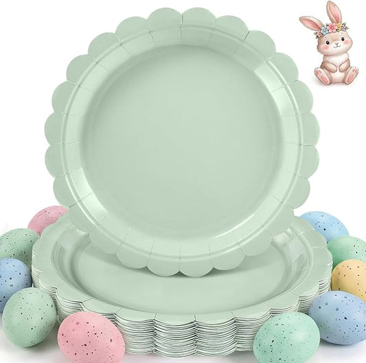 30 Pcs Sage Green Paper Plates 9 Inch Disposable Scalloped Easter Plates Cute Dessert Cake Plate Party Dinner Plate for Baby Shower, Wedding, Bridal Shower