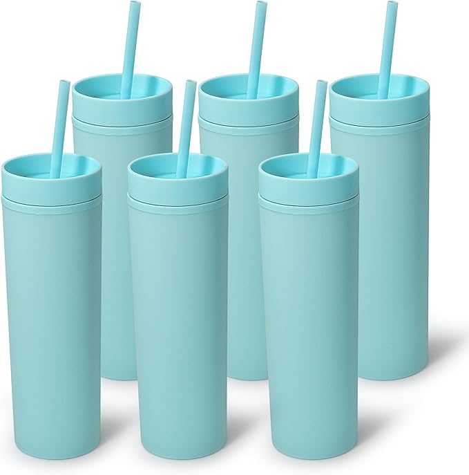 sweet grain Skinny Tumblers with Lids and Straws(6 Pack) - 16oz Matte Pastel Colored Skinny Acrylic Tumblers, Double Wall Plastic Tall Skinny Tumblers Bulk for Cold Hot Drinks - Sky Blue