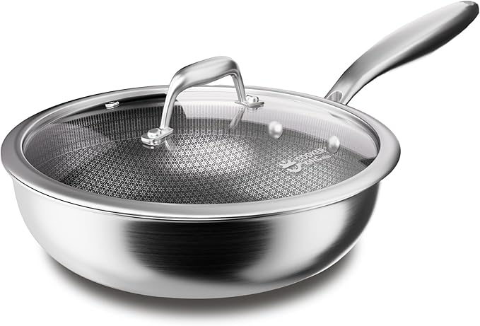 COOKER KING 11-Inch Hybrid Stainless Steel Wok with Lid, Nonstick Stir Fry Pan & Deep Frying Pan, Tri-Ply Clad Honeycomb Everyday Pan, Induction Ready, Oven & Dishwasher Safe, PFOA Free