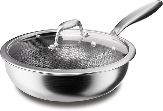 COOKER KING 11-Inch Hybrid Stainless Steel Wok with Lid, Nonstick Stir Fry Pan & Deep Frying Pan, Tri-Ply Clad Honeycomb Everyday Pan, Induction Ready, Oven & Dishwasher Safe, PFOA Free