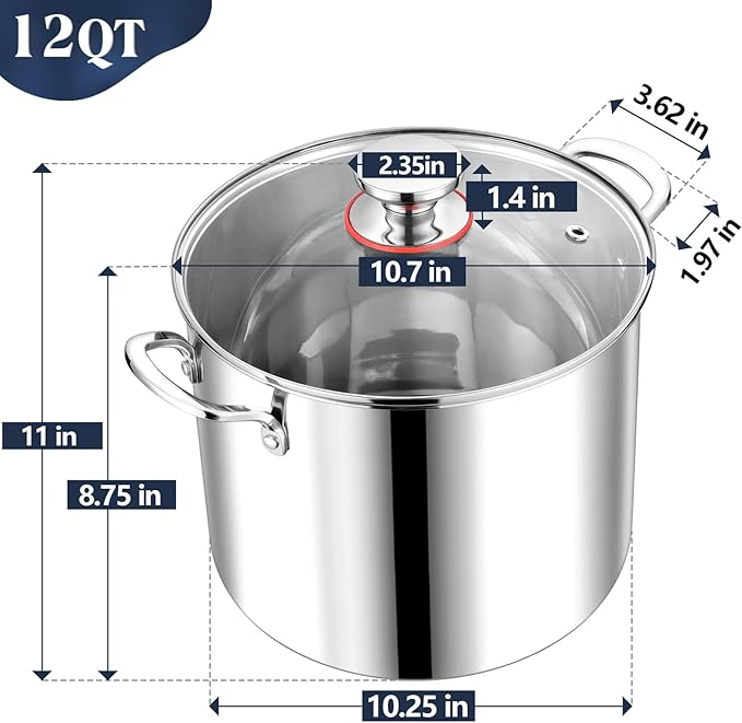 P&P CHEF 12 Quart Stainless Steel Stock Pot with Lid, Large Stockpot for Cooking Pasta Soup, Cookware for Induction Gas Electric Stoves, Visible Lid & Measuring Markings, Dishwasher Safe