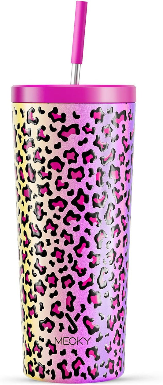 Meoky 24 oz Insulated Tumbler with Lid and Straw, Stainless Steel Vacuum Insulated Tumbler, Keeps Cold for 24 Hours, 100% Leak Proof, Fits in Car Cup Holder (Celebration)