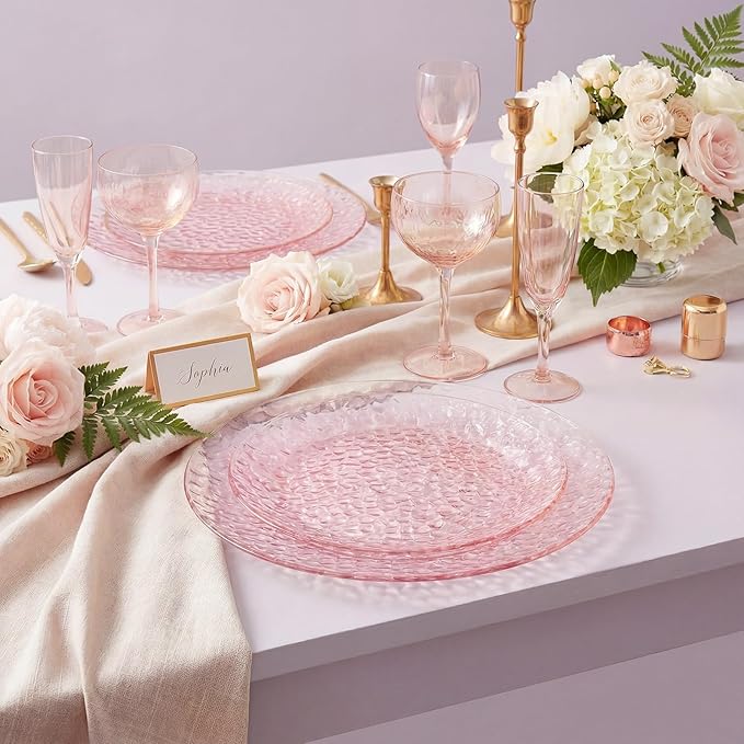 Rubtlamp 60PCS Pink Plastic Plates, Disposable Pink Easter Plates with Hammered Design, Heavy Duty Plastic Platos Fancy Party Platos Include 30 Dessert Plate & 30 Dinner Plate for Bridal Wedding