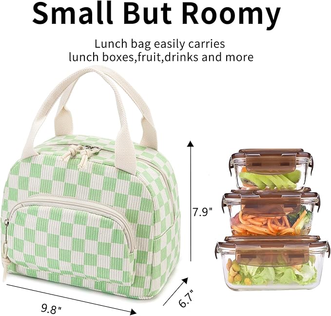 Lunch Bag Women Lunch Box for Women Adult Cute Insulated Lunch Bag Small Cooler Lunch Tote Bags for Work Picnic Travel (Beige-Light Green Plaid)