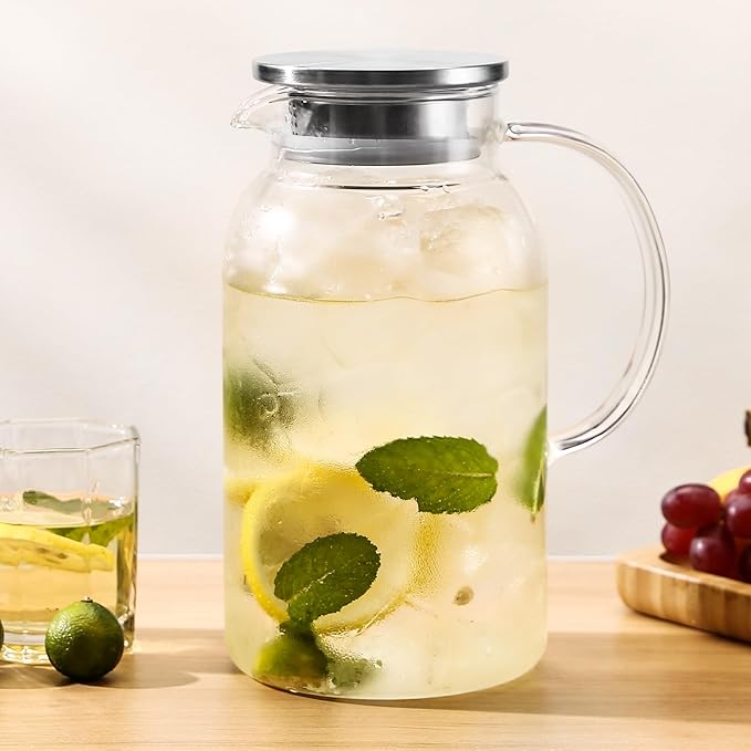 2Pack 68 oz Glass Pitcher With Lid. Glass Carafe for Hot/Cold Water. 0.5 Gallon Pitcher for Fridge. Water Jugs for Cold Brew Coffee, Iced Tea, Milk, Sun Tea Jar