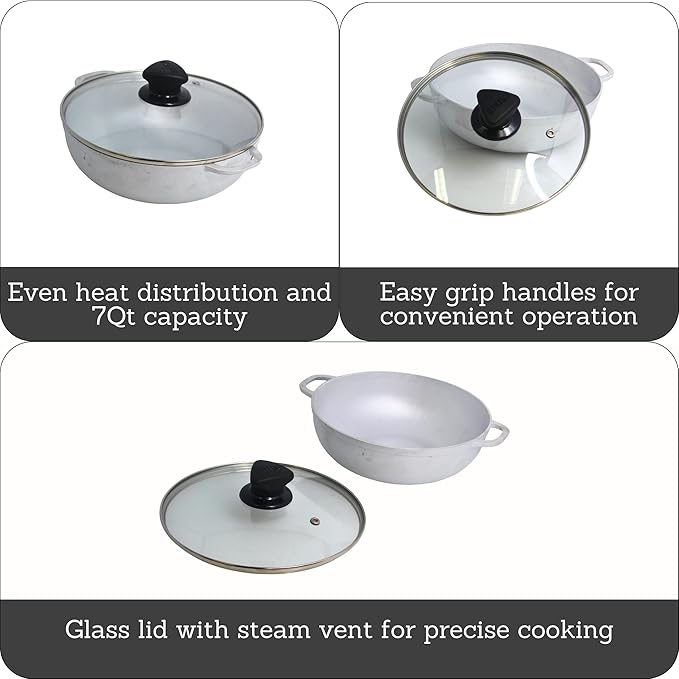 IMUSA Caldero Cast Aluminum Stock Pot 7 Qt with Glass Lid, 30 cm Diameter, Heavy Bottom Cooking Pot with Riveted Handles, Oven Safe Rice Pot for Stews, Soups and Beans