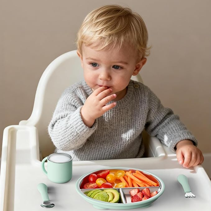 Stainless Steel Suction Plates for Toddlers, 8" Divided Kids Baby Plates with Removable Silicone Suction, Non Toxic Non Slip Portion Control Snack Dishes 3 Packs, Pink Lilac Sage